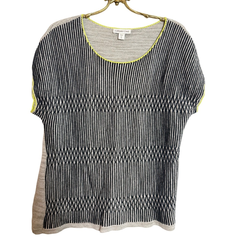 Coldwater Creek Womens Sweater XL 16 Short Sleeve Knit Beige Black Yellow Trim